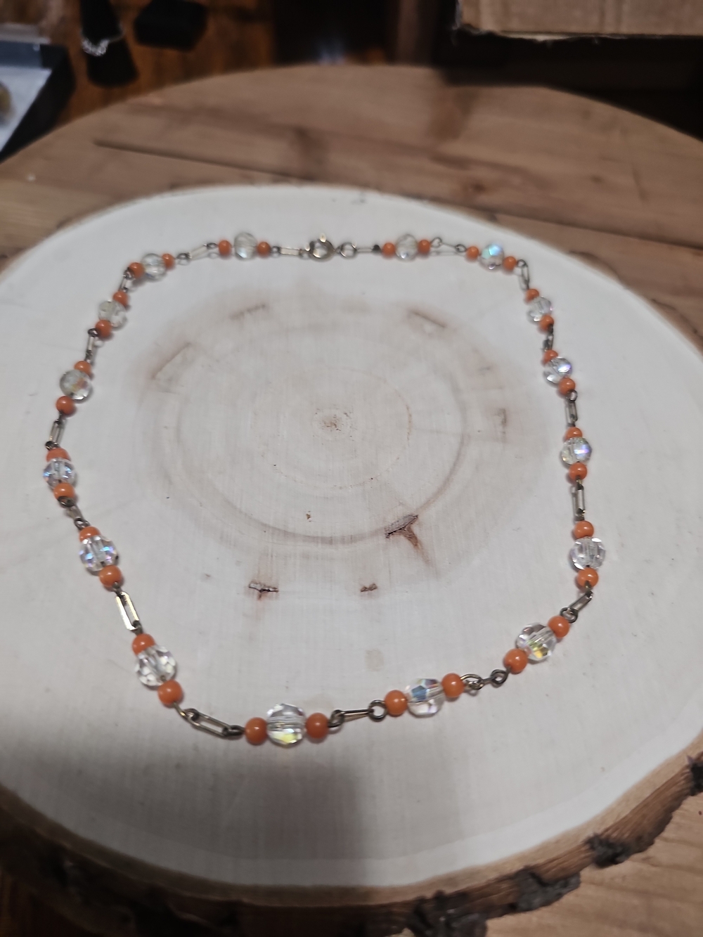 Delicate Orange Bead and Crystal Chain Necklace  Vintage